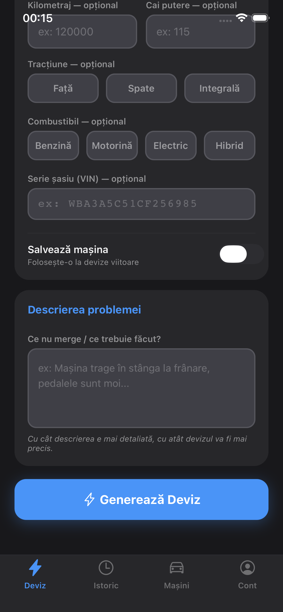 Descrie problema și generează deviz