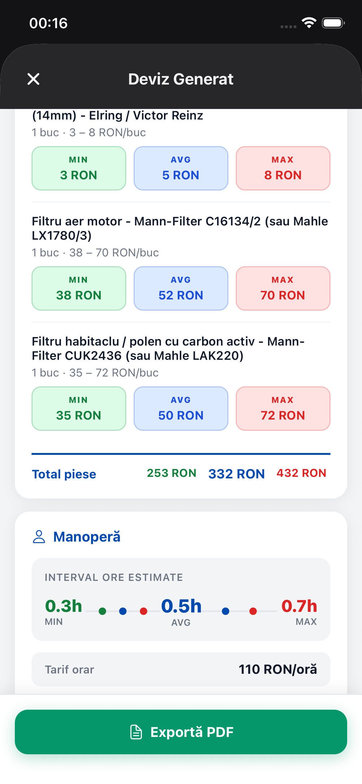 Deviz generat — lista piese cu prețuri